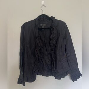 INC International ConceptBlack Linen Jacket Large Ruffle Trim Blazer Lightweight